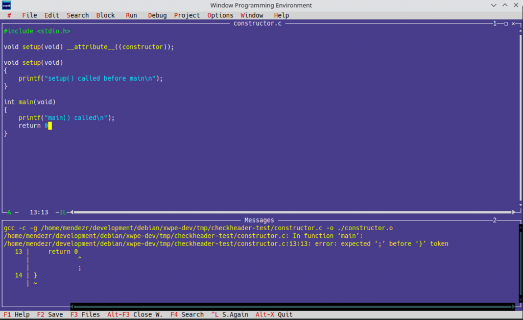 Xwpe, showing the Ctrl-F9 output in Messages